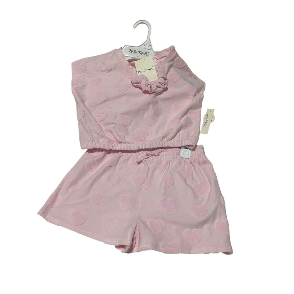 Kate Mack 8 pink terry cloth like heart burn out shorts top scrunchie combo nwt
